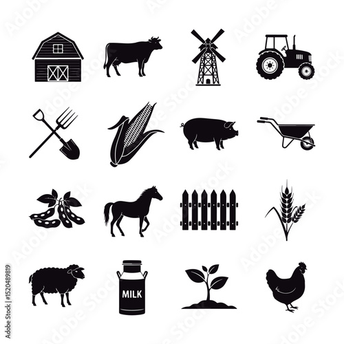 Farm Life Elements Silhouette Set.
