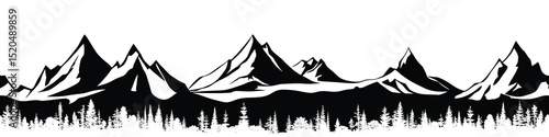 Silhouette mountain range and forest isolated on white background, seamless border, vector design