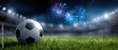 A soccer ball on a stadium field at night with fireworks lighting up the sky in the background.