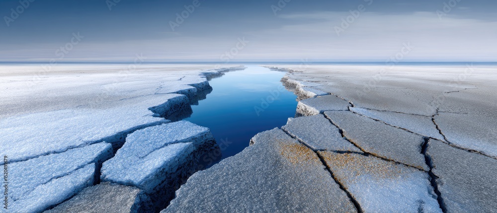 Cracked ice sheets surround a narrow channel of open water under a clear blue sky, illustrating a dramatic arctic landscape. Cracked ice sheets surround a narrow channel of open water under a clear blue sky, illustrating a dramatic arctic landscape.
