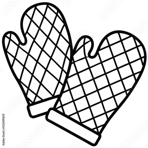 Kitchen glove oven mitt black and white drawing illustration.