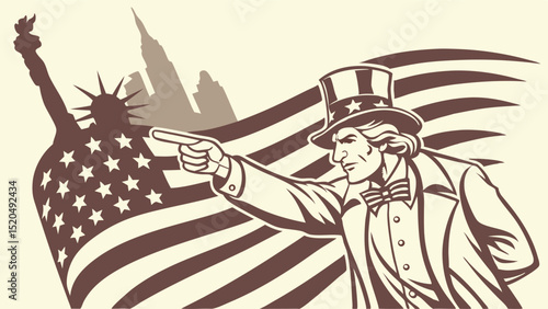 Uncle sam points forward with statue of liberty and city skyline in the background illustration
