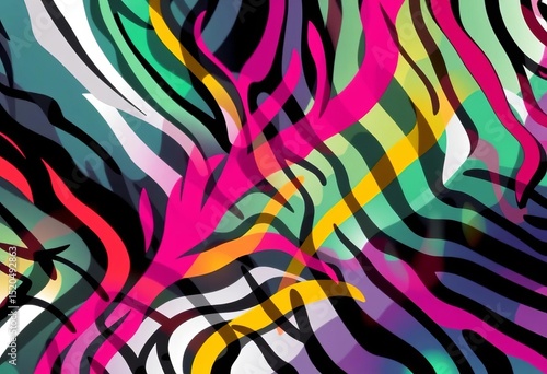 Abstract vector art featuring a blend of tiger stripes and zebra stripes in a dynamic, chaotic print,  jungle,  texture