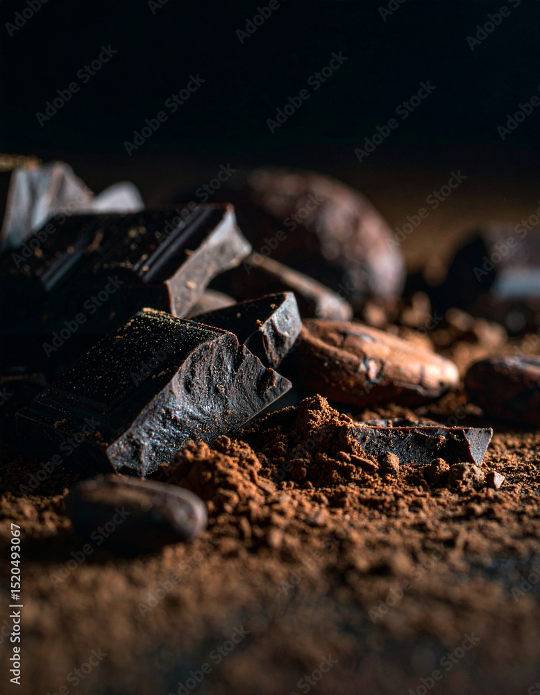 Realistic Details of Cacao and Artisan Chocolate on Natural Background, Ecuadorian Realistic Details of Cacao and Artisan Chocolate on Natural Background, Ecuadorian