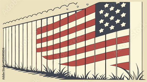 A stylized illustration of an american flag draped over a fence with grass at the bottom edge