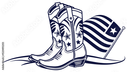 A graphic illustration of cowboy boots decorated with stars next to an american flag design waving behind