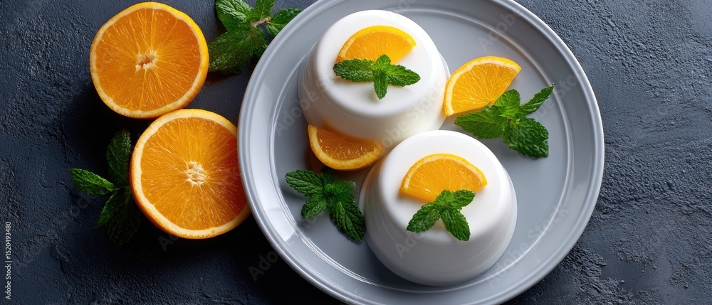 Two panna cotta desserts garnished with orange slices and mint leaves are served on a plate beside fresh orange halves. Two panna cotta desserts garnished with orange slices and mint leaves are served on a plate beside fresh orange halves.
