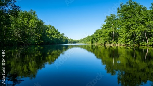 Tranquil lake reflecting lush green trees under a clear blue sky.