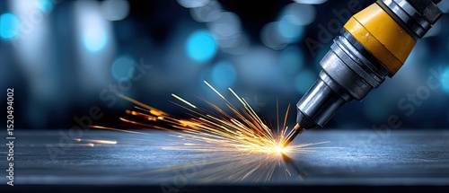 A robotic laser cuts metal, creating bright sparks in a high-tech industrial setting.