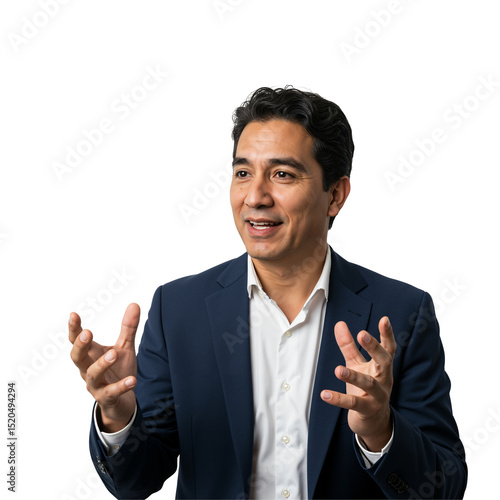Confident Hispanic businessman in a suit speaking and gesturing, isolated on a transparent background. Professional male presenter giving a talk.