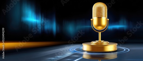 A golden vintage microphone stands on a podium with a futuristic blue and black background, evoking audio and broadcasting themes.