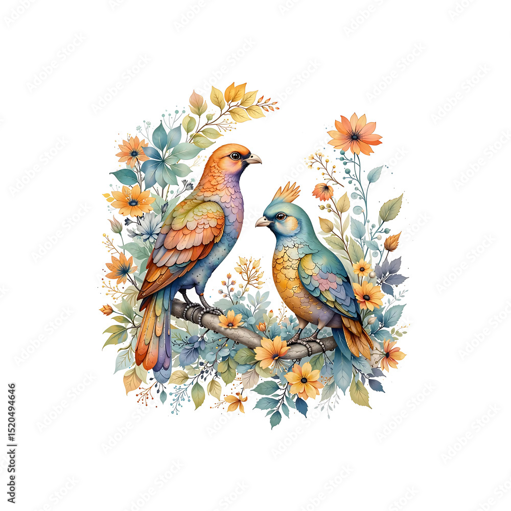 Obraz premium Colorful watercolor birds on floral branch hand drawn botanical illustration on white background. Abstract hand painted birds with flowers