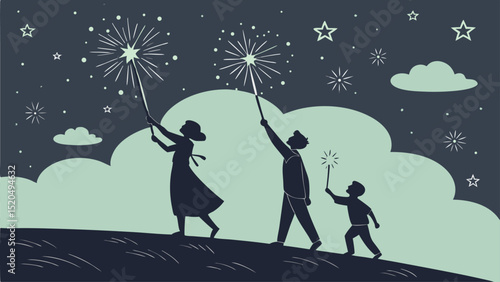 A family silhouettes holding sparklers under a starry night sky with clouds and celebration atmosphere
