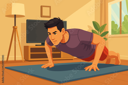 The image is an illustration of a man performing a push-up exercise inside a cozy living room. He appears focused and determined, maintaining proper form with his back straight and arms shoulder-width