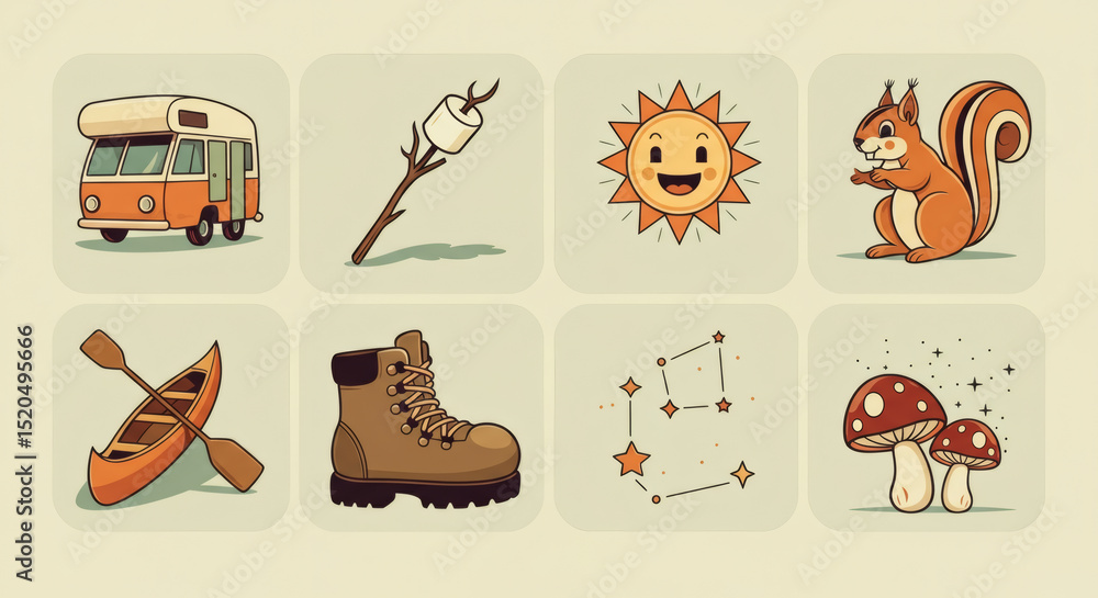 Fototapeta premium Vintage Camping Illustrations Retro Campervan, Hiking Boots, Squirrel, and More