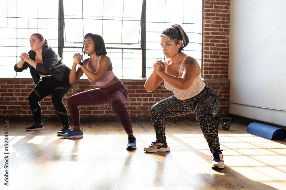 Fototapeta premium Diverse women exercising in a gym. Women in workout clothes doing squats. Fitness focused women in a gym setting. Women in a gym, training in a gym together.