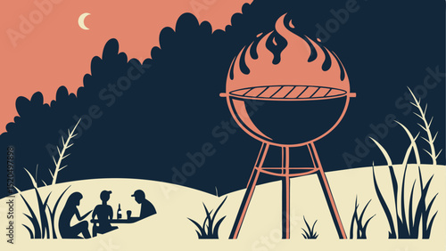 Illustration of summer barbecue party with friends at night under the moon and grilling food outdoors