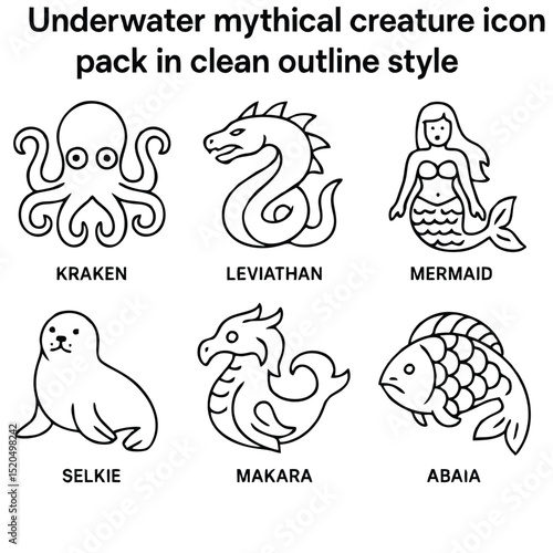 Mythical Aquatic Creatures Icons – Black and White Sea Legends Set