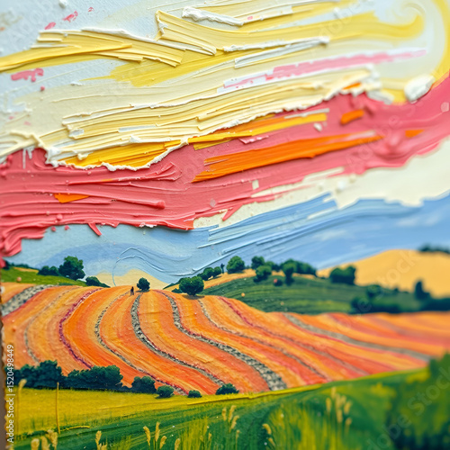 A hyper-realistic close-up of an artist brushstrokes, recreating a vibrant Arles landscape on canvas