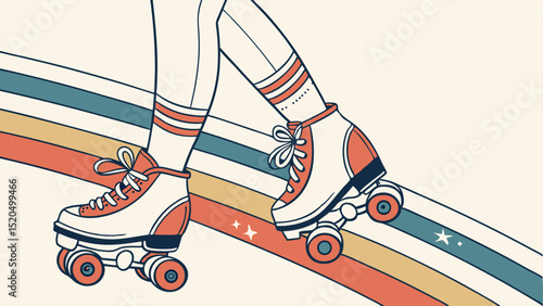 Retro roller skating illustration vintage roller skates on rainbow background seventies aesthetic design
