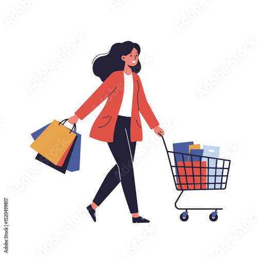 Shopping Bliss: Woman with Cart and Bags