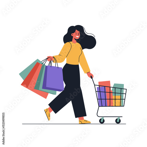 Joyful Shopping Spree: Woman with Bags and Cart