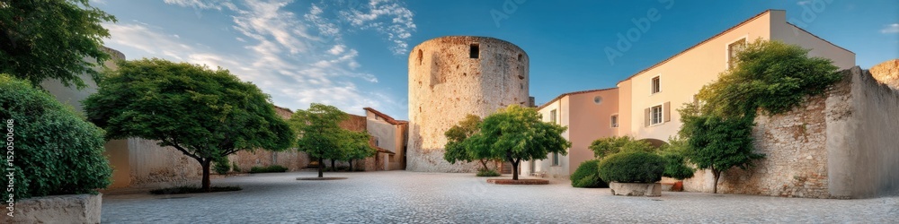 Fototapeta premium Historic Circular Watchtower and Medieval Walls of Jesi with Cobblestone Pathway - Cultural Tourism and Urban Fortification Highlighting Resilience and Heritage
