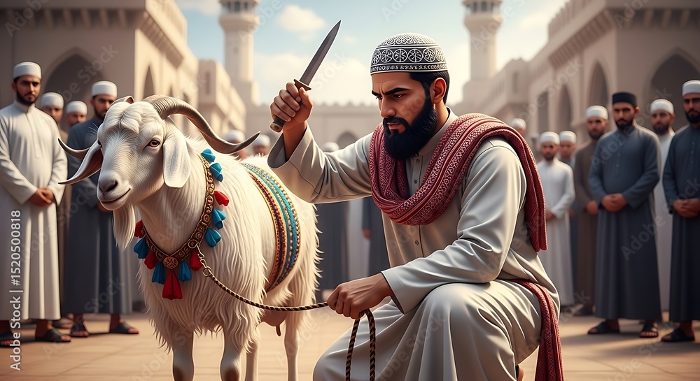 Fototapeta premium Realistic scene of a man performing animal sacrifice (Qurban) during Eid al-Adha with proper Islamic attire and crowd in the background