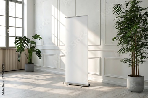 Modern rollup banner mockup in bright interior. Blank vertical display for corporate events, retail promotions, and advertising. Sunlight, shadows, wooden floor, plant, and white wall.