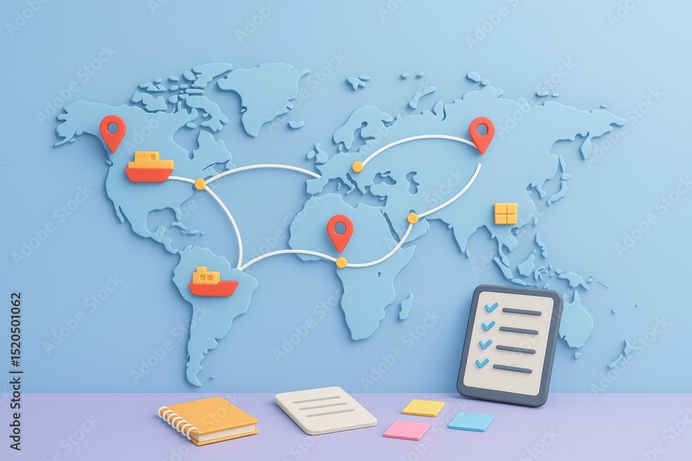 Naklejka premium Creative 3D Illustration of Global Logistics and Shipping Route with Colorful Elements