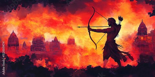 Warrior with bow and arrow aiming towards ancient temples in fire.