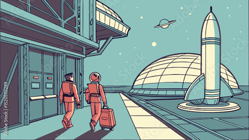 Retro futuristic space travel illustration with astronauts rocket and ufo concept art design