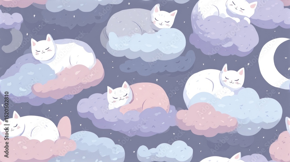 Sleepy cats curled up on clouds and crescent moons, seamless pattern, flat style, night theme with soft colors (lavender, blue, gray), minimal and cute design. Sleepy cats curled up on clouds and crescent moons, seamless pattern, flat style, night theme with soft colors (lavender, blue, gray), minimal and cute design.