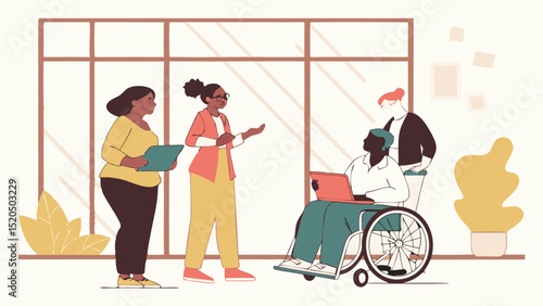 Diverse team meeting collaboration in office cartoon vector design illustration for business concept