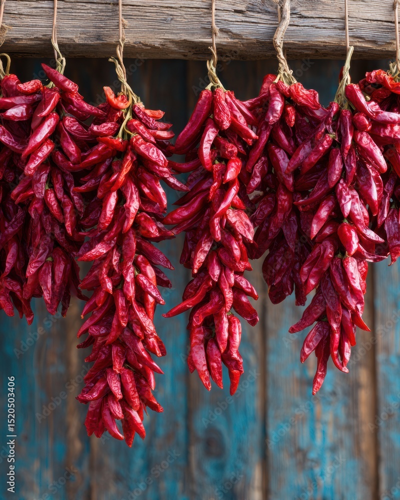 Naklejka premium Shavuot Tradition Rustic Dried Chile Peppers Hanging on Wood Beam for Harvest Preservation with Seasonal Kosher Food and Cinco de Mayo Culinary Marketing
