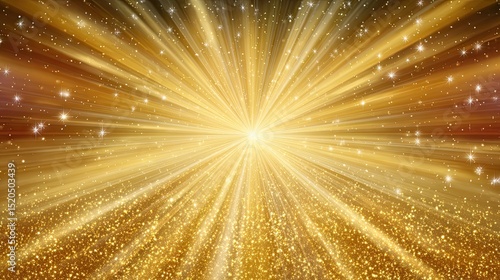 Radiant golden explosion with sparkling particles and light rays on festive background