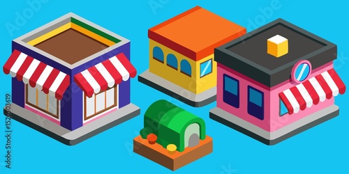 Architectural Ensemble: A vibrant collection of stylized buildings with captivating colors and unique designs, set against a serene background.