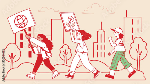 Climate change protest illustration, environmental activism, global warming awareness, youth movement