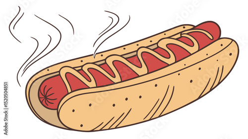 Cartoon hot dog with mustard illustration, fast food drawing, american cuisine, delicious snack, lunch meal