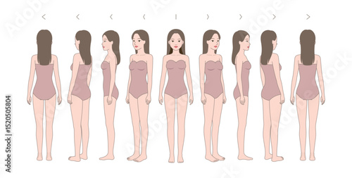 Full-length standing portrait in underwear. Nine angles figure front, 3 of 4, side, back views shape. Female body profile.