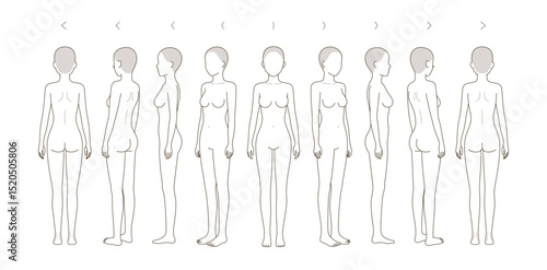 Full-length standing portrait in underwear. Nine angles figure front, 3 of 4, side, back views shape. Female body profile.