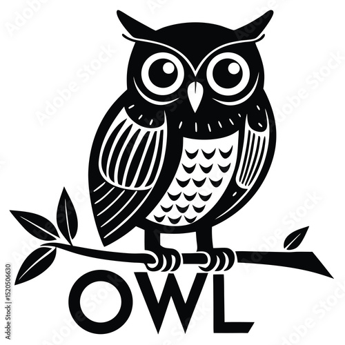Black and white owl perched on branch design illustration.