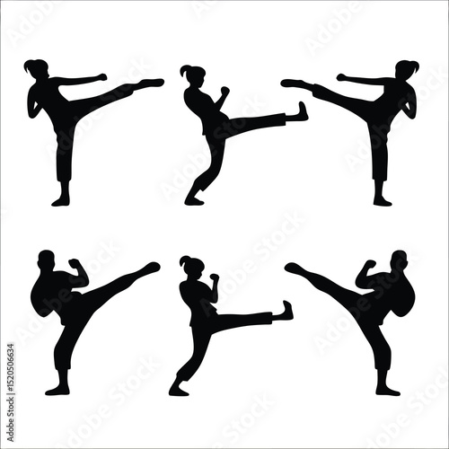 Martial arts silhouettes woman kicking vector illustration black and white background.