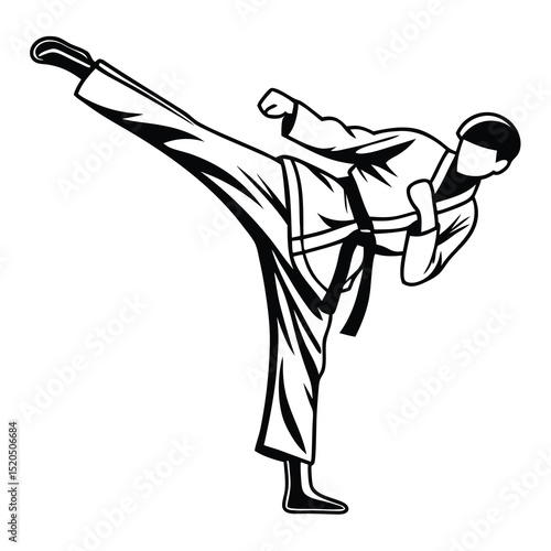 Karate master executes high kick in dynamic vector illustration style. karate, martial arts, kick, high kick, martial artist, dojo, black belt, vector.