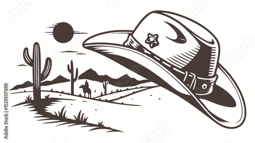 Vintage western cowboy hat desert landscape illustration vector graphic design element for print and web use