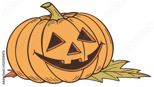 Cartoon halloween pumpkin jack o lantern with smiling face and leaf for october holiday season decor art