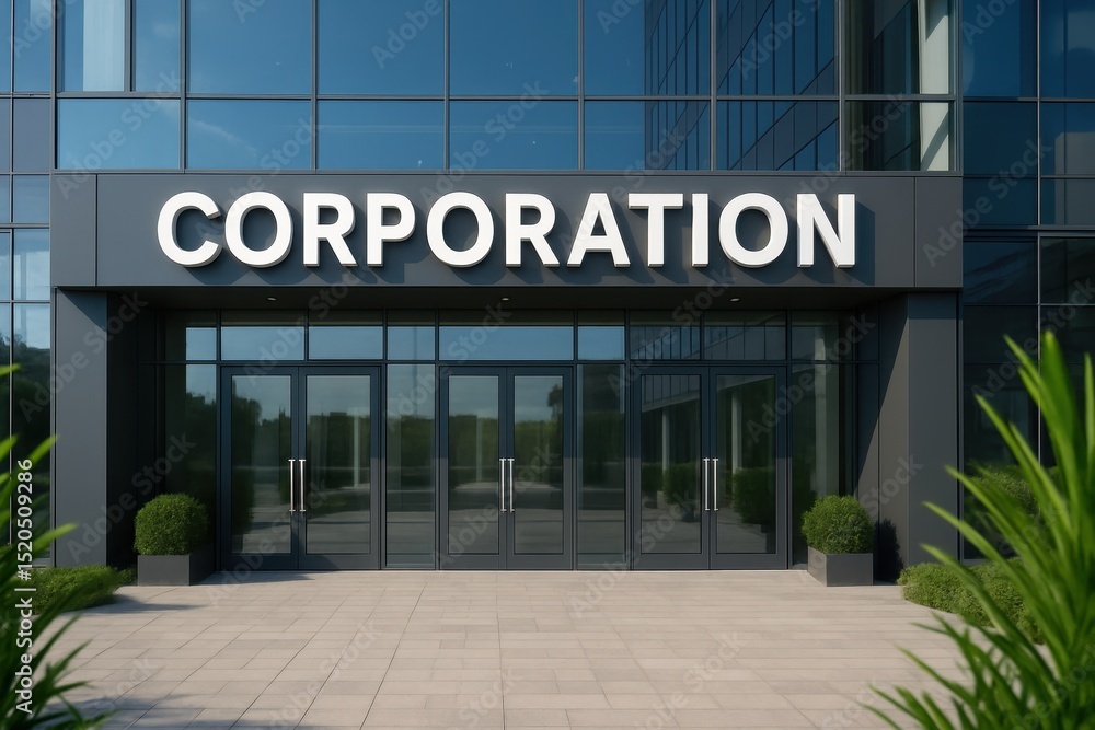Obraz premium Modern Corporate Building Entrance with Clear Glass Facade and Greenery on a Sunny Day, Featuring the Word Corporation Prominently Displayed