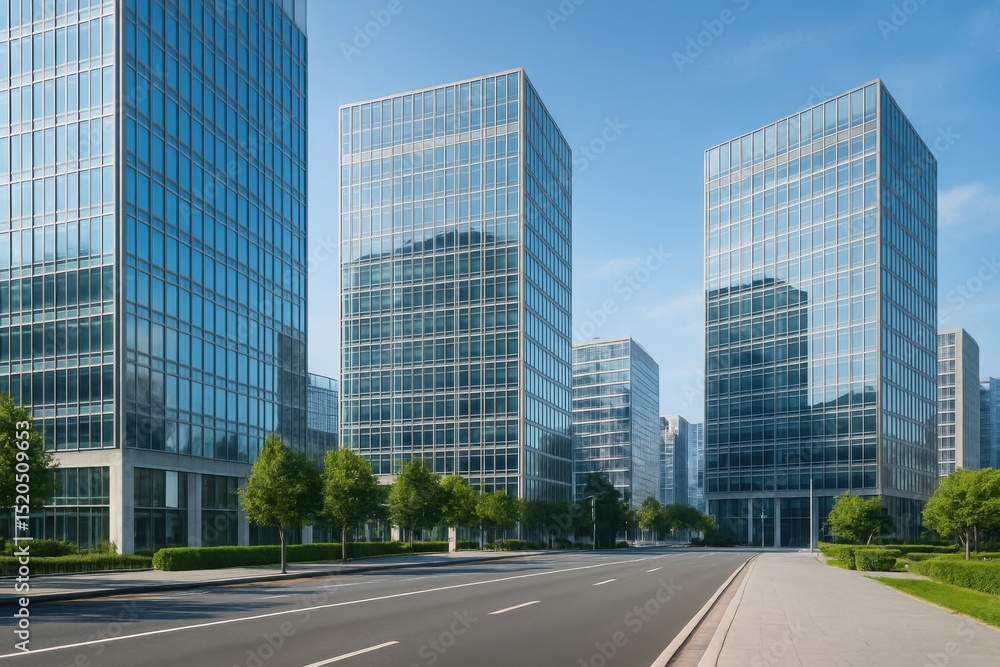 Modern Urban Landscape with Contemporary Glass Buildings Under Clear Blue Sky in Daylight Modern Urban Landscape with Contemporary Glass Buildings Under Clear Blue Sky in Daylight