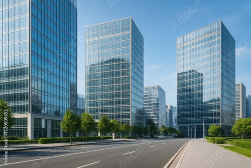 Modern Urban Landscape with Contemporary Glass Buildings Under Clear Blue Sky in Daylight