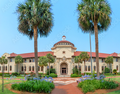The Palm Tree-lined Entrance to the public university, Valdosta State University with water fountain in front., Valdosta, Georgia	

